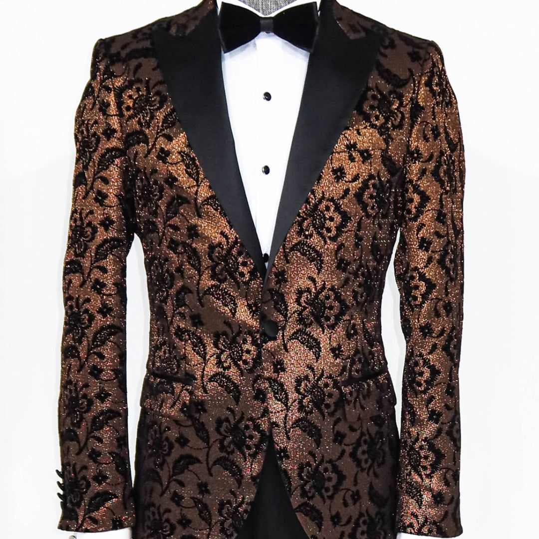 KCT Menswear - Men's Rose Brown Sparkle Prom Blazer with Black Floral Design