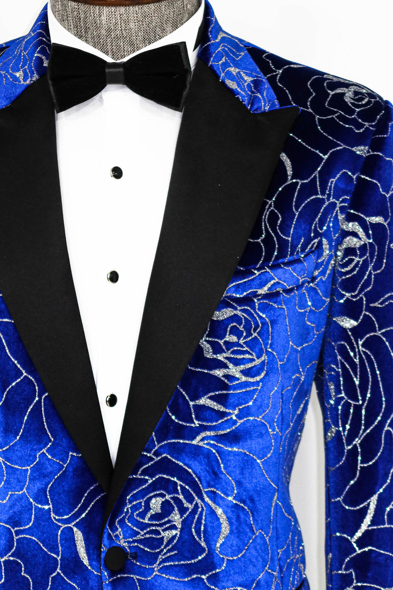 Men's Velvet Royal Blue Shiny Silver Floral Prom Blazer with Peak Black Satin Lapel - Front View