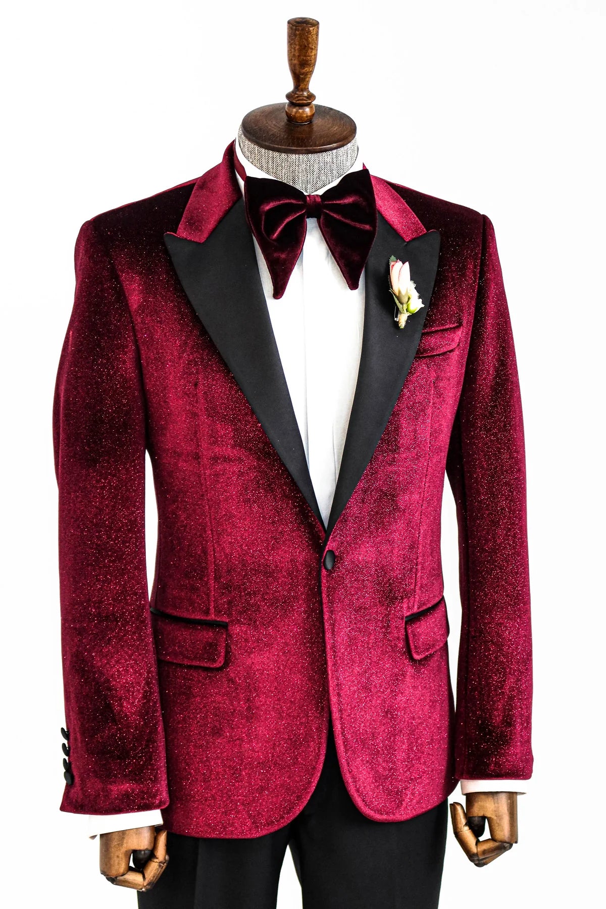 Glitter Burgundy Velvet Prom Blazer with Black Satin Lapel - KCT Menswear Elegant Formal Wear