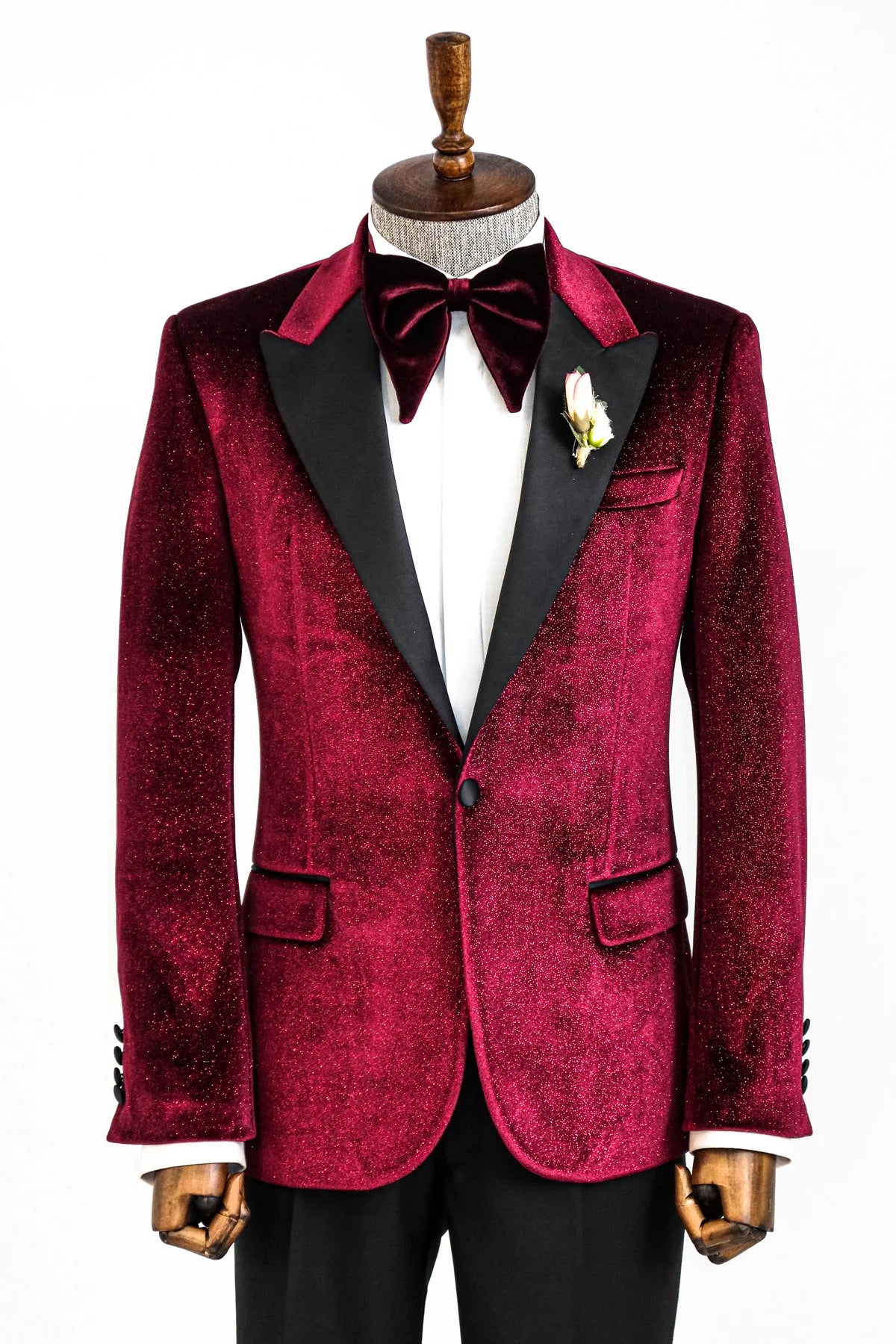 Glitter Burgundy Velvet Prom Blazer with Black Satin Lapel - KCT Menswear Elegant Formal Wear