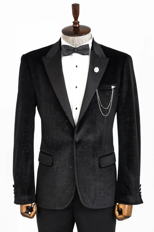 Glitter Black Velvet Prom Blazer with Black Satin Lapel by KCT Menswear